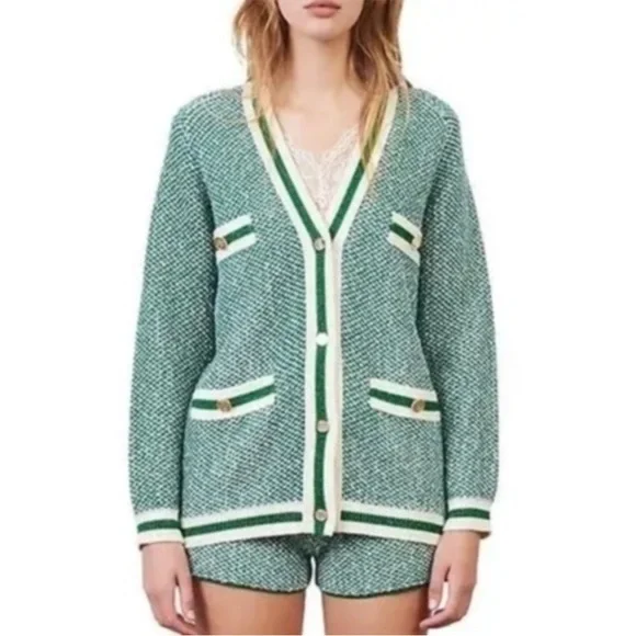 Maje Maitresse Green Lurex Metallic Threaded Cardigan Sweater Size 3, US Large - Picture 3 of 16